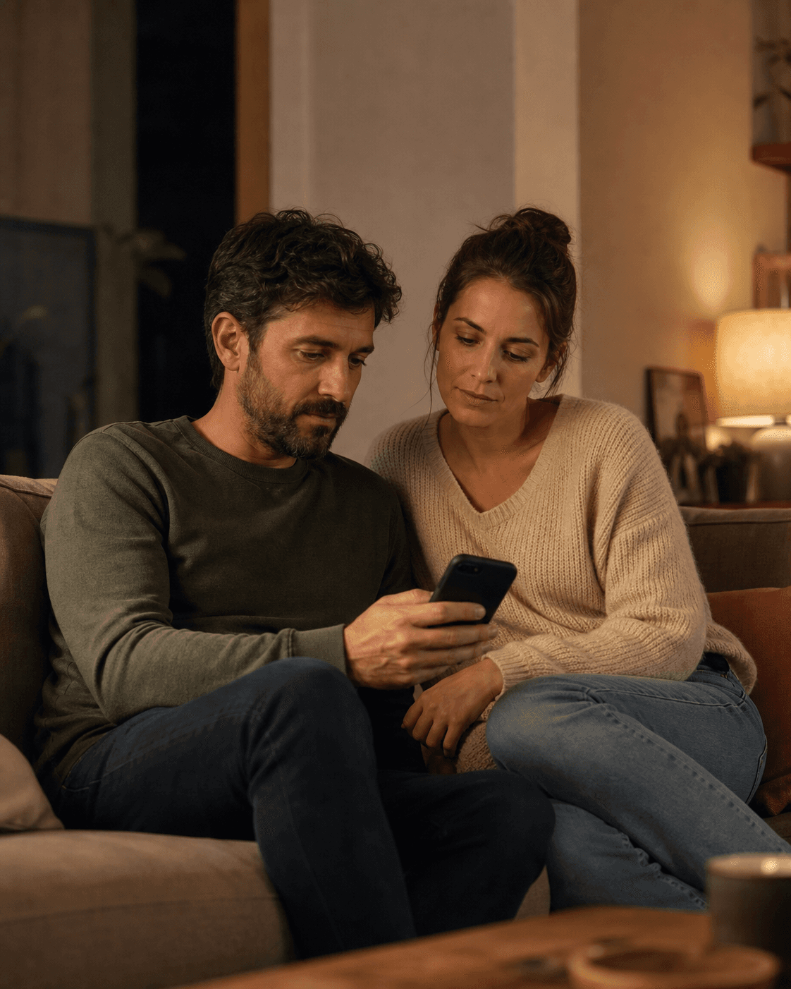 Para siedzi na kanapie po napięciu i patrzy w telefon