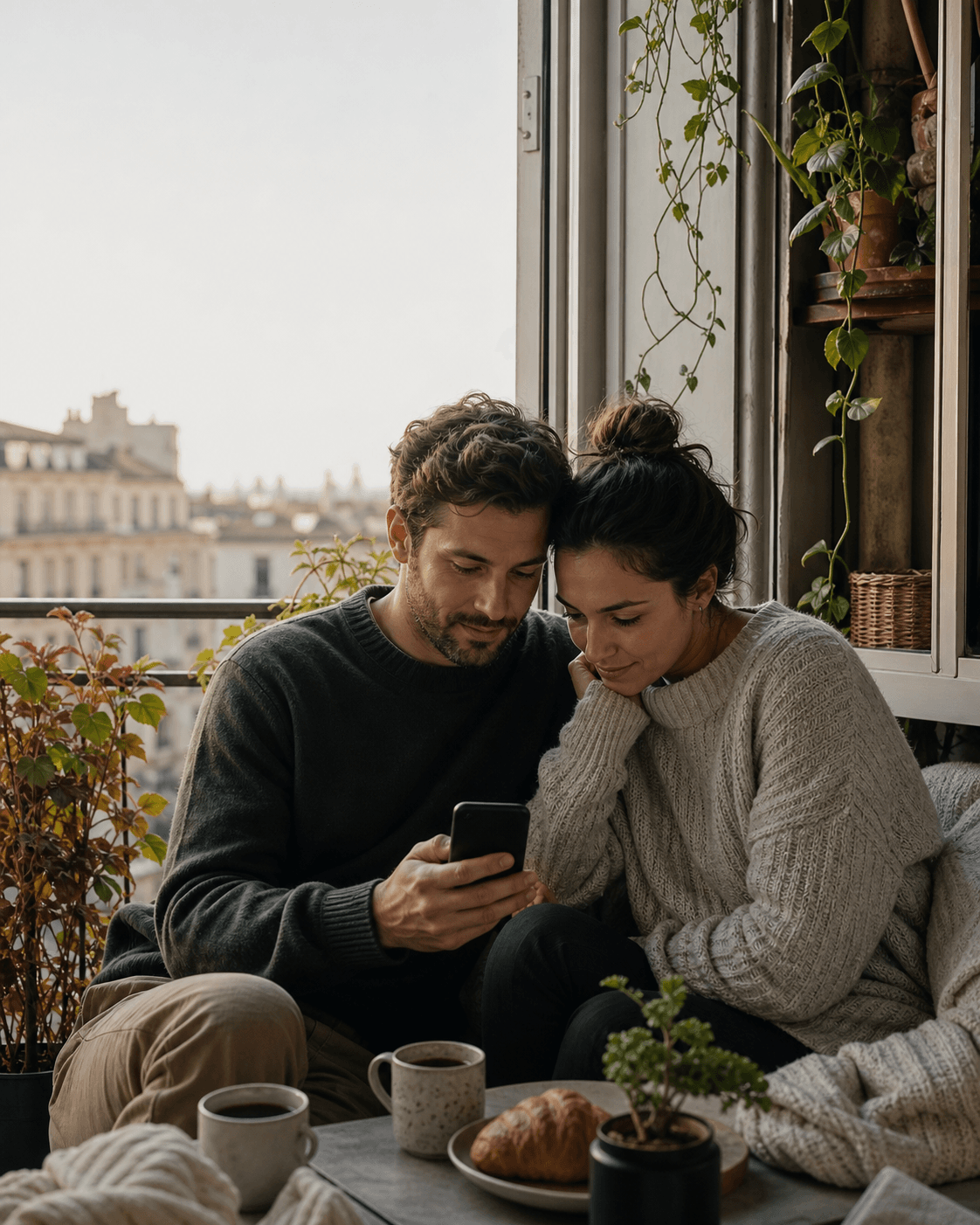Para rano przy kawie patrzy wspólnie w telefon przed rozmową